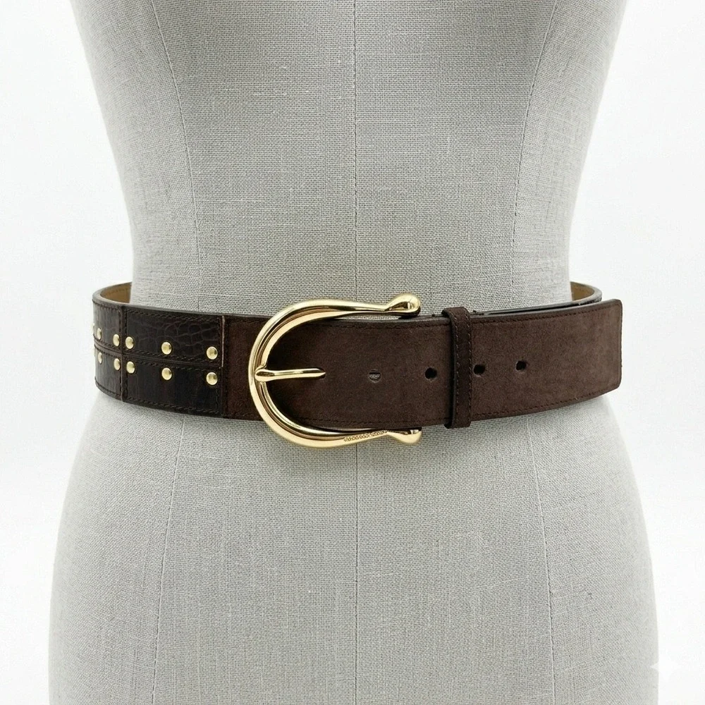 Michael‎ Kors Brown Leather Suede Patchwork Studded Waist Belt Gold Buckle Small